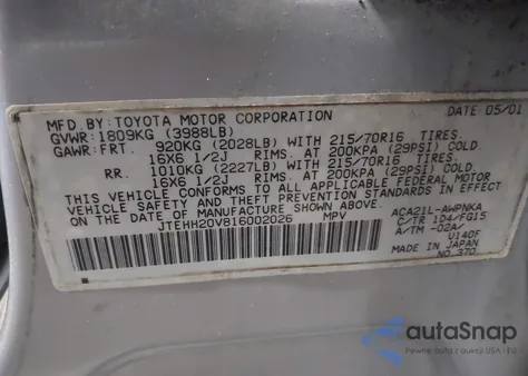 2001 Toyota Rav4 from USA, damaged, VIN JTEHH20V816002026
